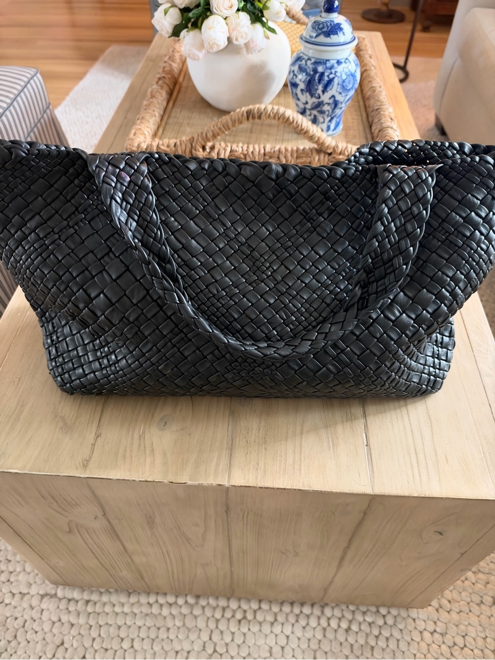 Woven Black Leather Tote Bag - Classic Handheld Carry